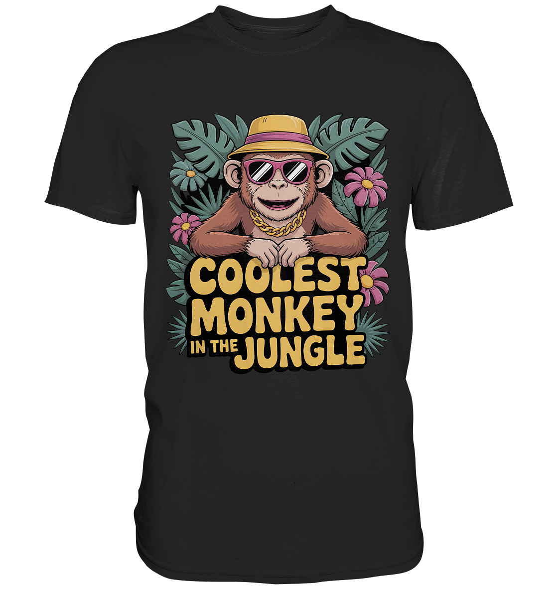 Schwarzes T-Shirt mit Affe mit Sonnenbrille und Hut, und Text „Coolest Monkey in the Jungle“