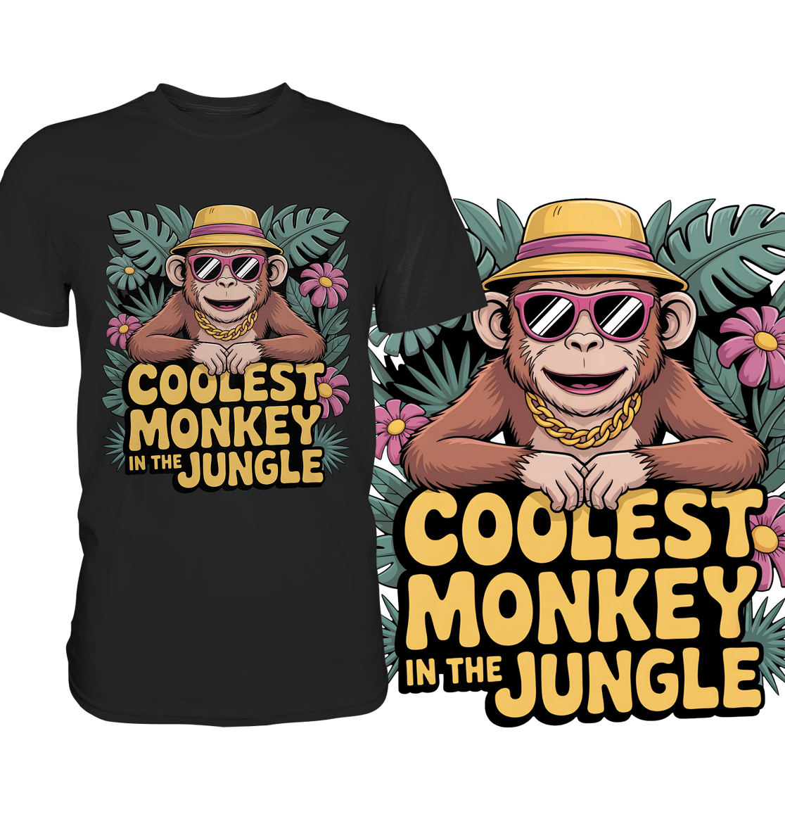 Schwarzes T-Shirt mit Affe mit Sonnenbrille und Hut, und Text „Coolest Monkey in the Jungle“. Rechts vergrößerte Darstellung des Affen-Motivs