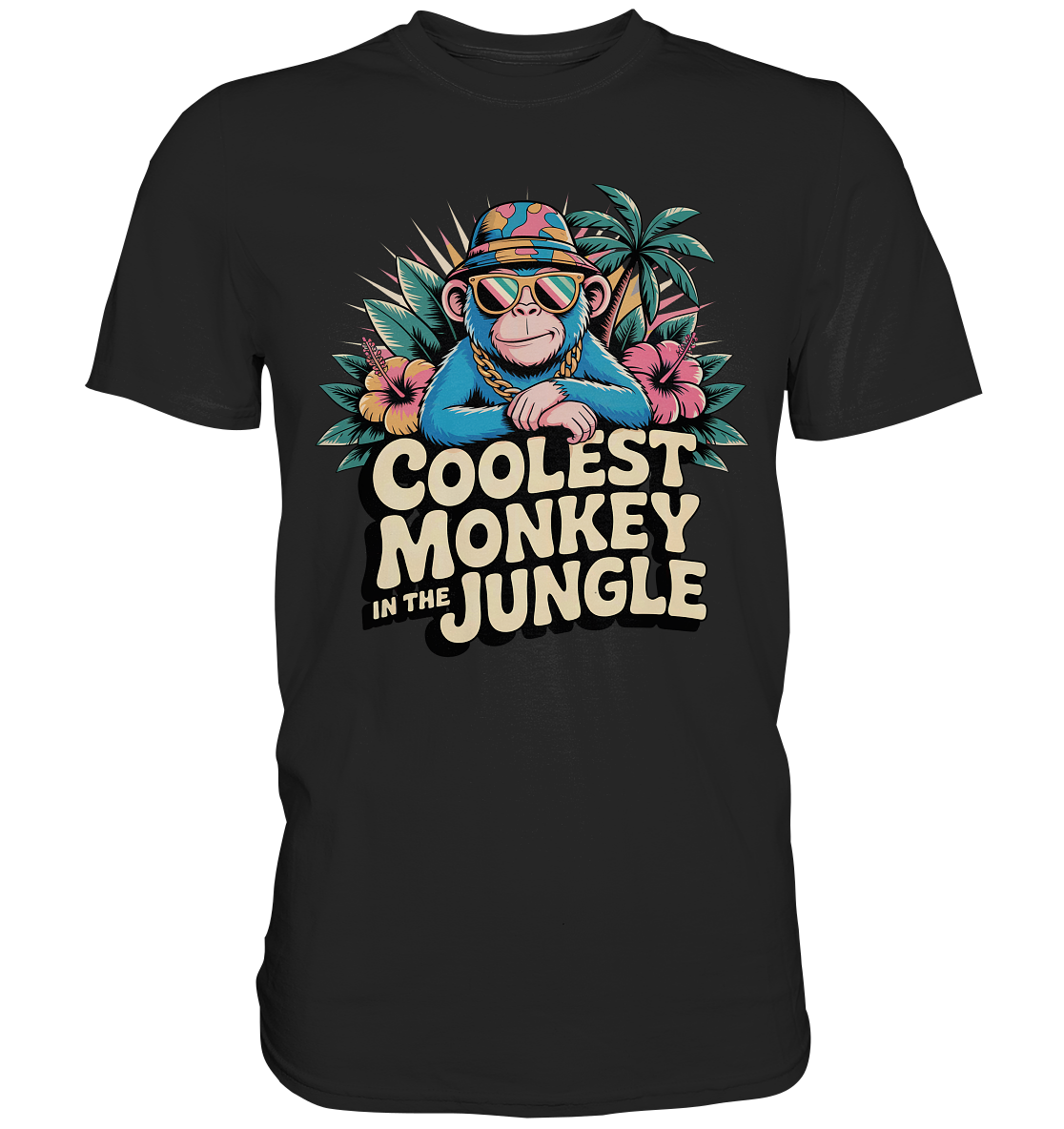 Schwarzes T-Shirt mit Affenmotiv und Spruch „Coolest Monkey in the Jungle“