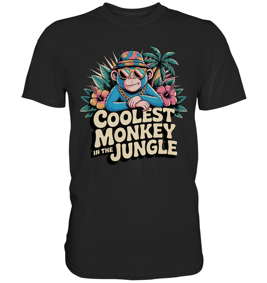 Schwarzes T-Shirt mit Affenmotiv und Spruch „Coolest Monkey in the Jungle“