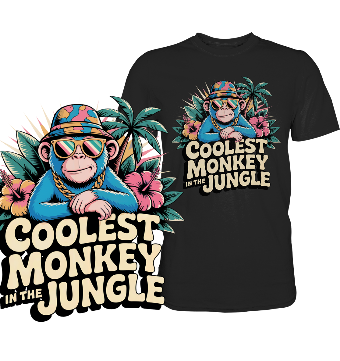 Schwarzes T-Shirt mit Affenmotiv und Spruch „Coolest Monkey in the Jungle“, links vergrößerte Darstellung des Motivs