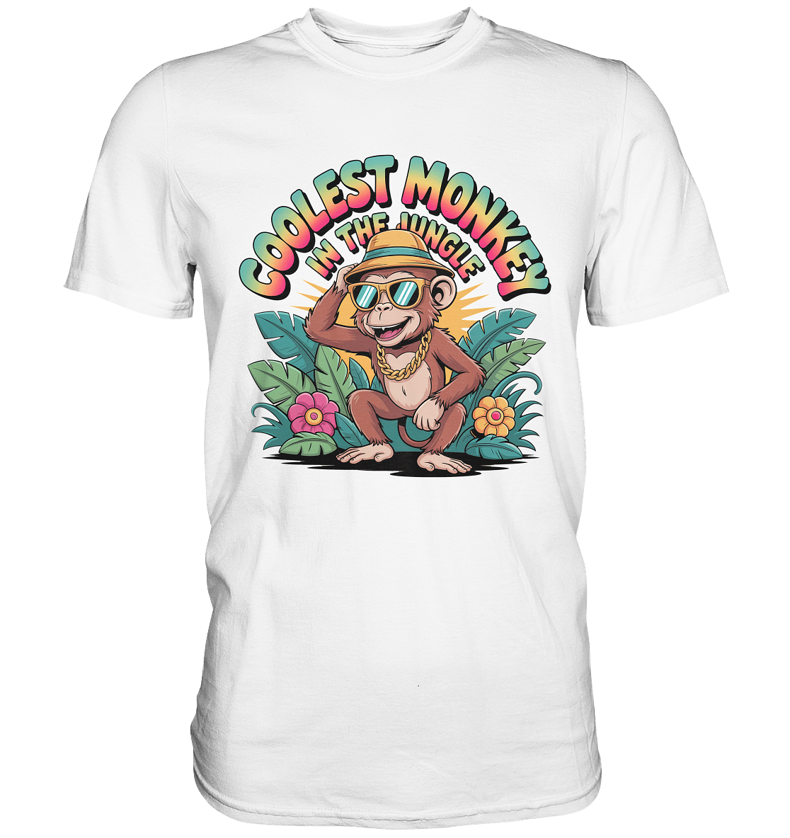 Weißes T-Shirt mit tropischem Affenmotiv und Spruch „Coolest Monkey in the Jungle“