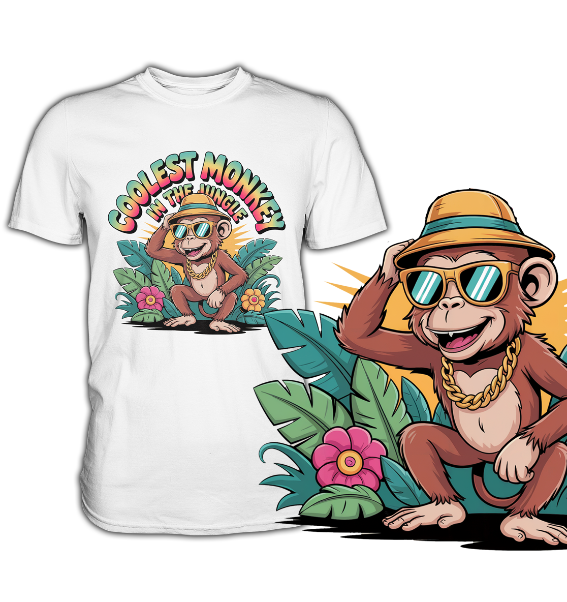 Weißes T-Shirt mit tropischem Affenmotiv und Spruch „Coolest Monkey in the Jungle“, Motiv im Bild rechts vergrößert dargestellt