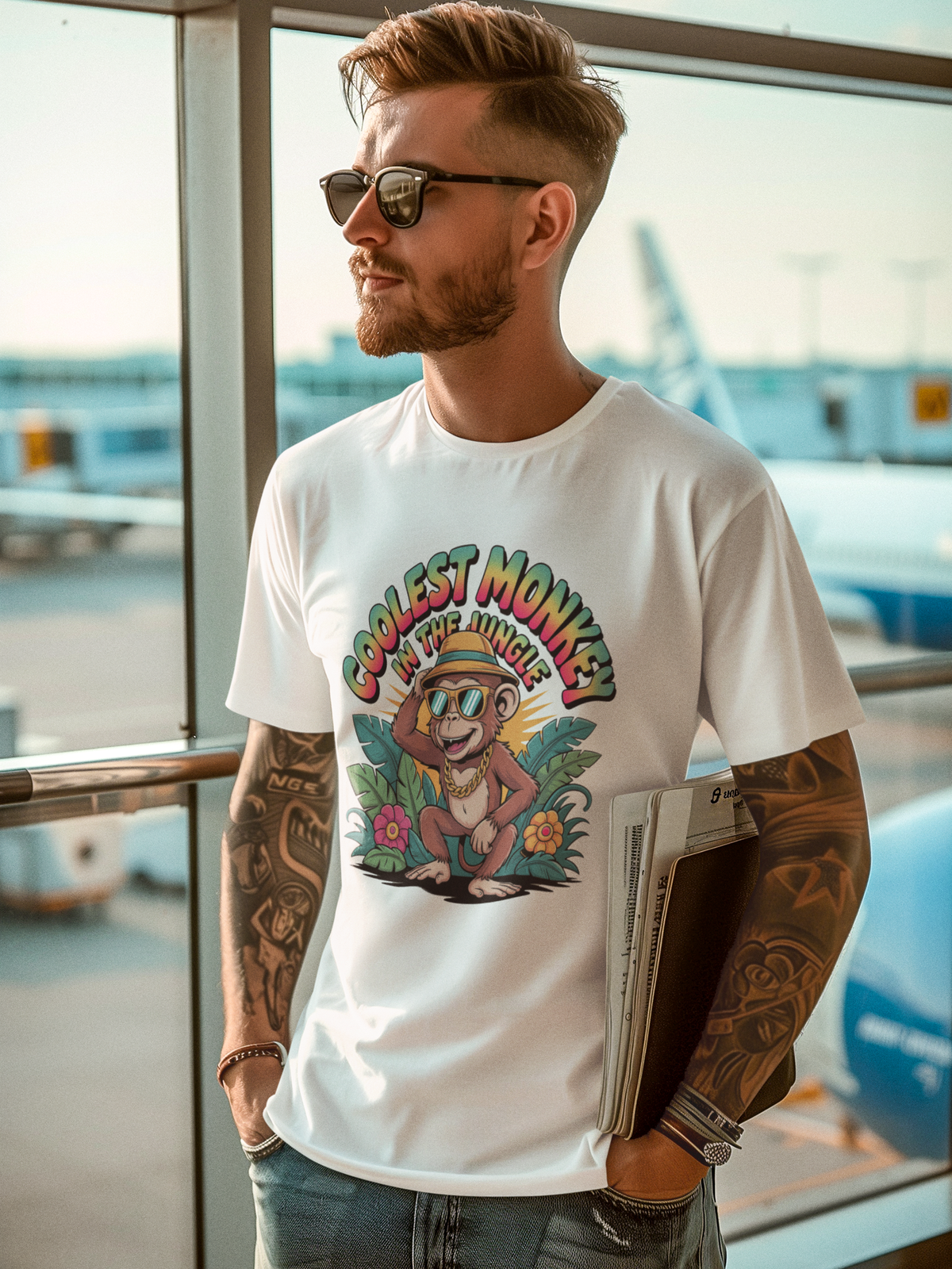 Junger Mann am Flughafen. Er trägt ein weißes T-Shirt mit tropischem Affenmotiv und Spruch „Coolest Monkey in the Jungle“