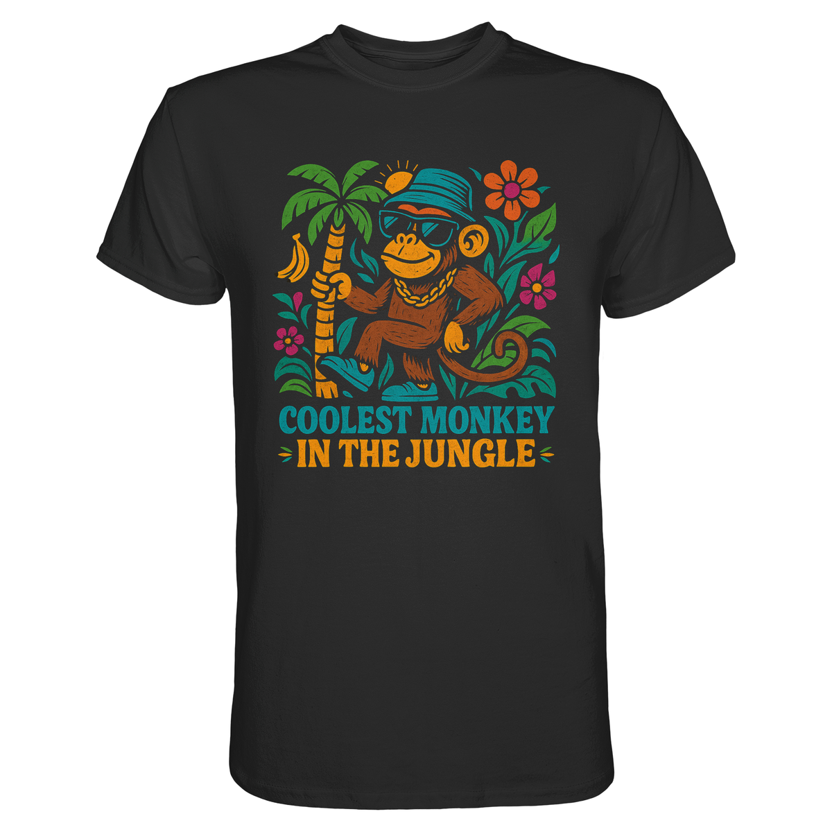 Schwarzes T-Shirt mit Retro-Affe und Schriftzug „Coolest Monkey in the Jungle“