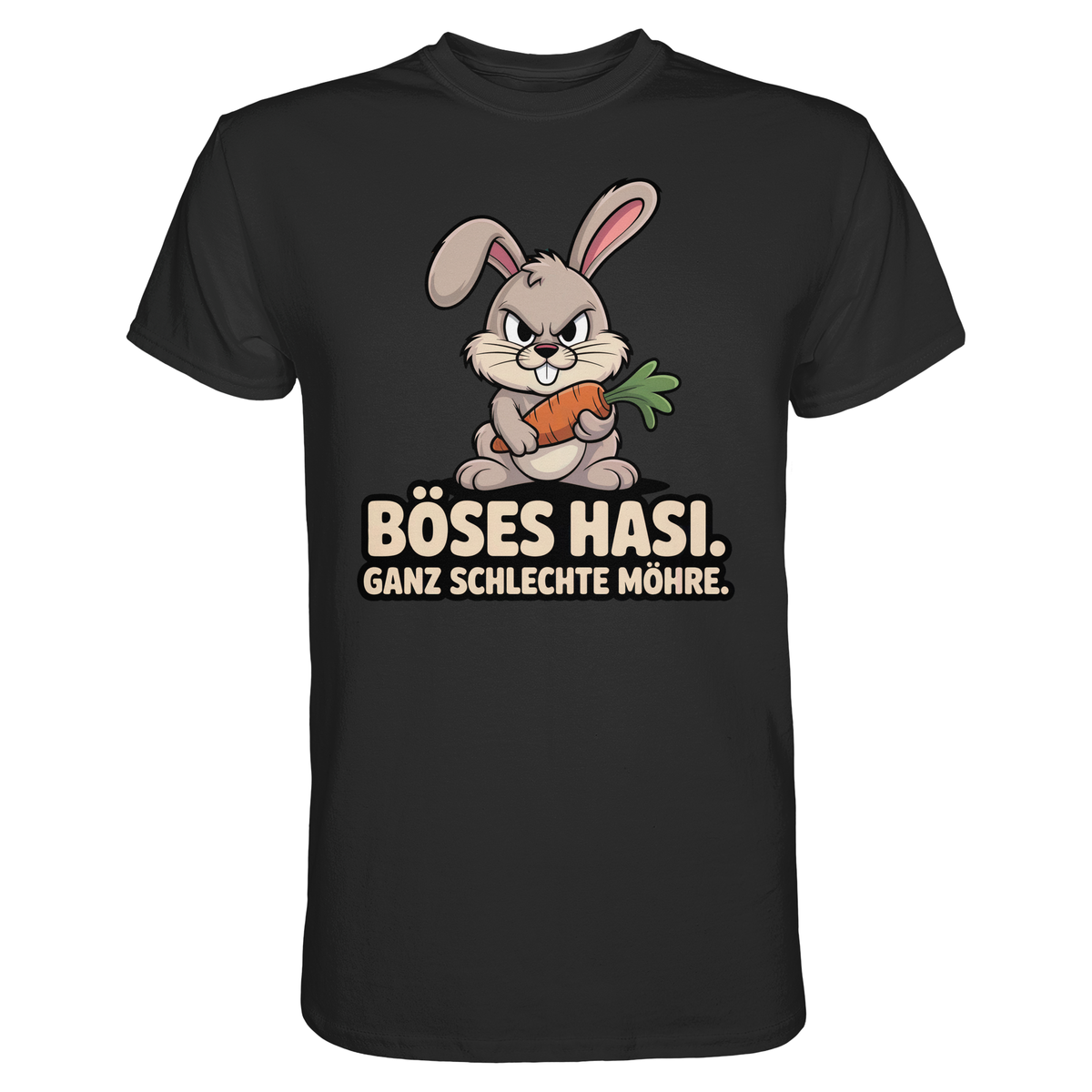 Schwarzes T-Shirt mit bösem Hase und Spruch „Böses Hasi. Ganz schlechte Möhre“
