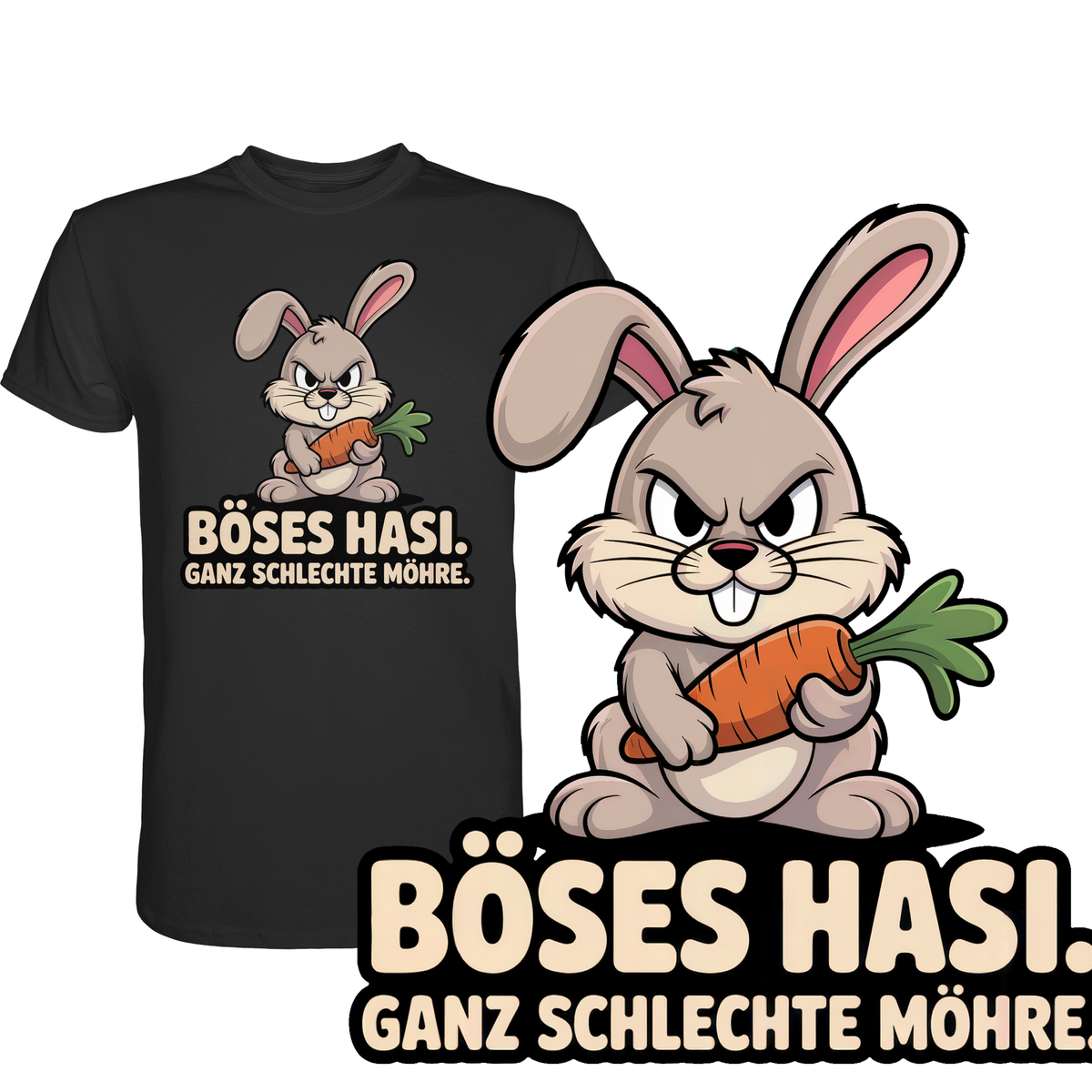 Schwarzes T-Shirt mit bösem Hase und Spruch „Böses Hasi. Ganz schlechte Möhre“. Rechts im Bild eine vergrößerte Darstellung des Motivs.