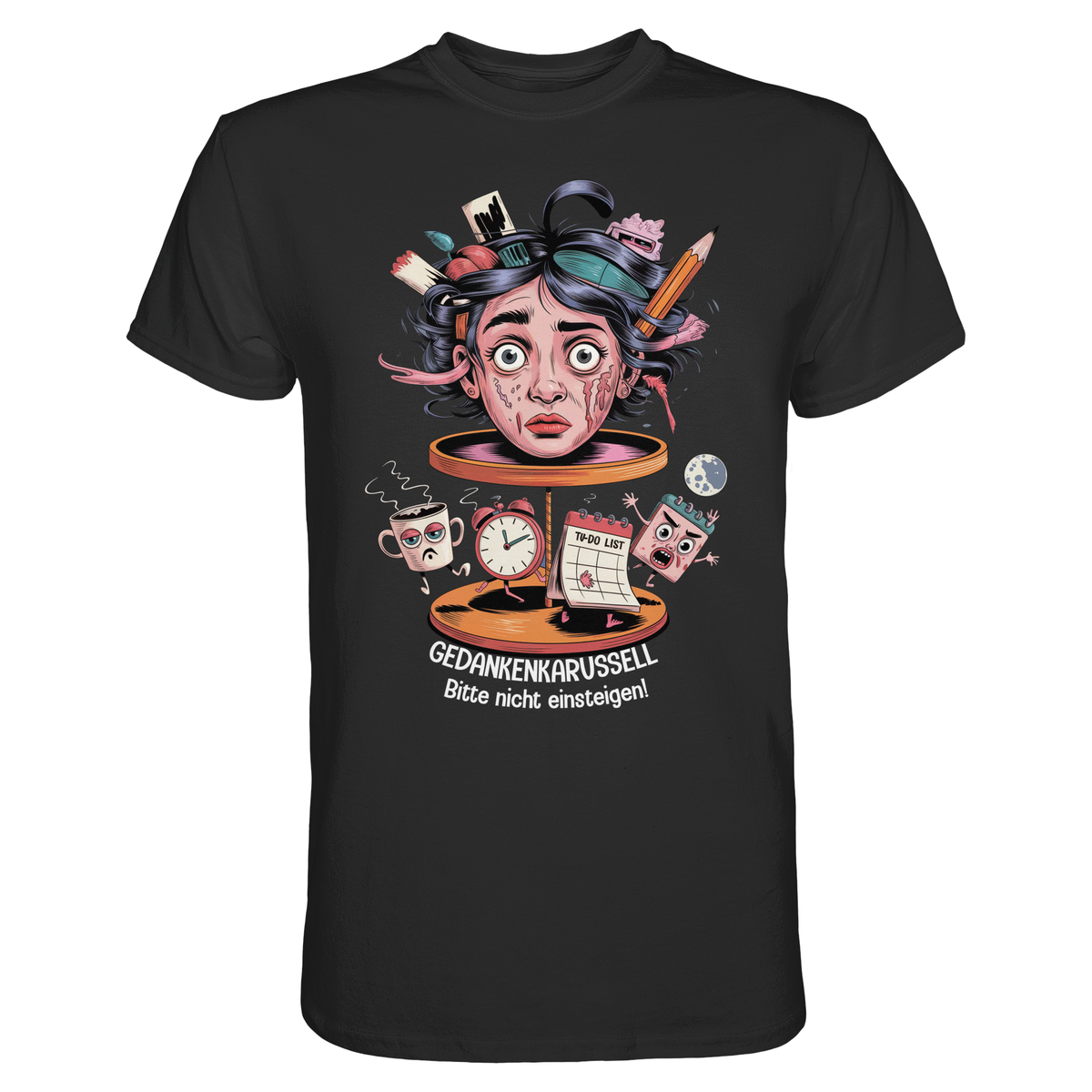 Schwarzes T-Shirt mit surrealistischem Kopf-Karussell-Motiv und weißem Text „Gedankenkarussell – Bitte nicht einsteigen“