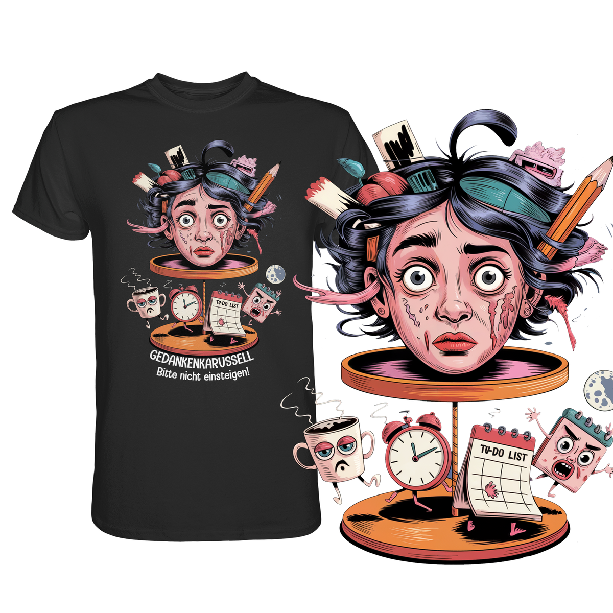 Schwarzes T-Shirt mit surrealistischem Kopf-Karussell-Motiv und weißem Text „Gedankenkarussell – Bitte nicht einsteigen“. Rechts eine vergrößerte Darstellung des Motivs.