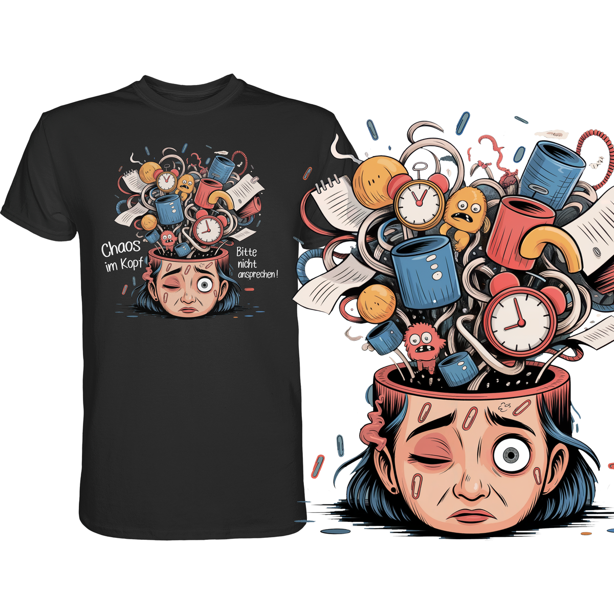 Schwarzes T-Shirt mit weißem Text „Chaos im Kopf – Bitte nicht ansprechen“, Motiv symbolisiert inneres Kopf-Chaos. Rechts im Bild vergrößertes Darstellung des Kopf-Motivs