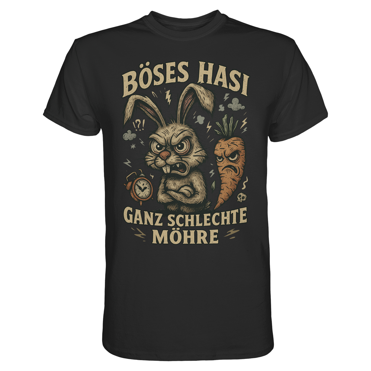 Schwarzes T-Shirt mit Vintage-Motiv eines finsteren Hasen und dem Spruch „Böses Hasi. Ganz schlechte Möhre“