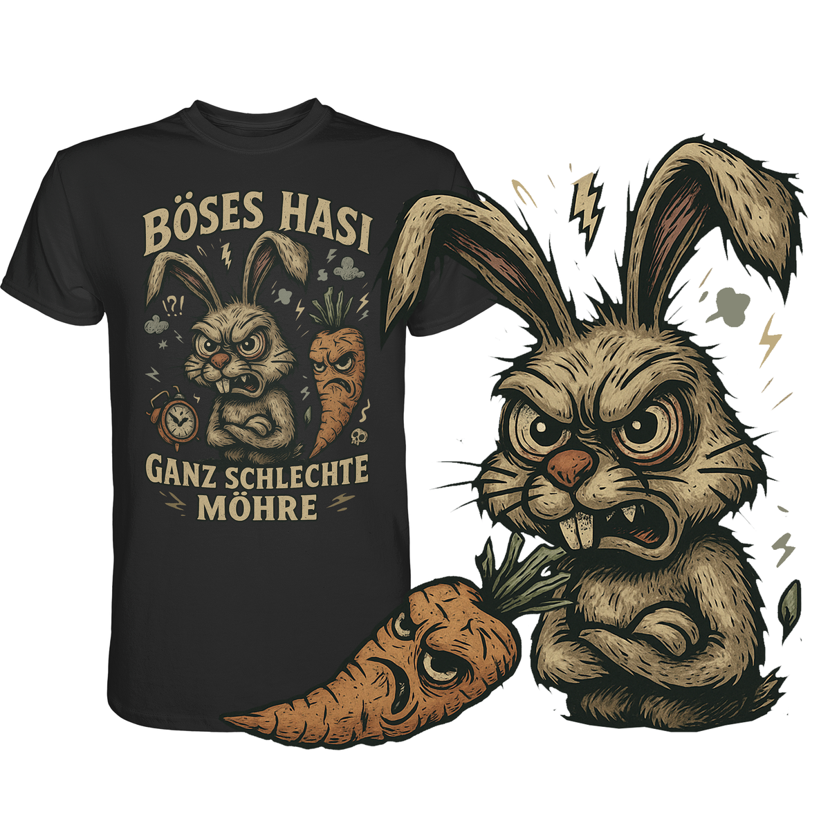 Shirt mit Hasenmotiv im Retro-Stil, Hase mit finsterem Blick und Möhre, Motiv unten rechts vergrößert dargestellt