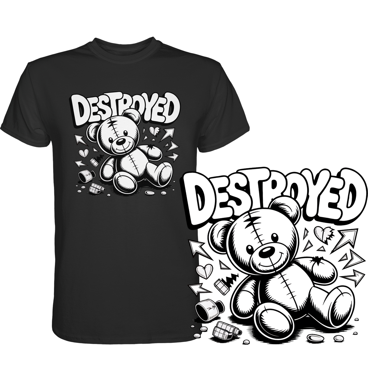  Shirt mit Motiv eines zerrissenen, angenähten Teddys unten rechts vergrößert dargestellt
