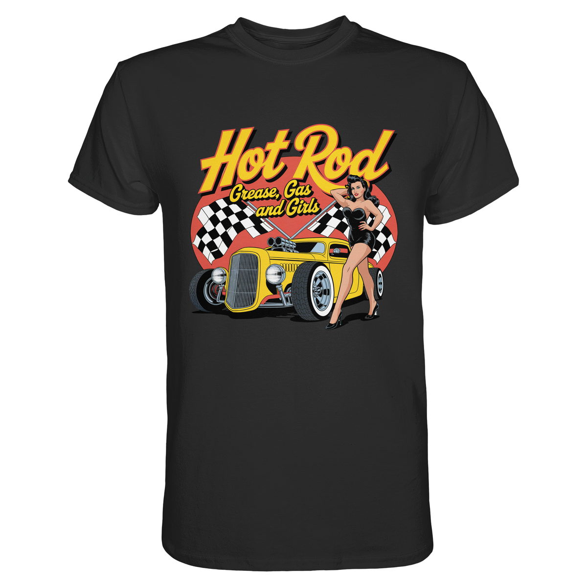 Schwarzes T-Shirt mit Rockabilly-Motiv und Text „Hot Rod Grease Gas and Girls“ im Vintage-Design