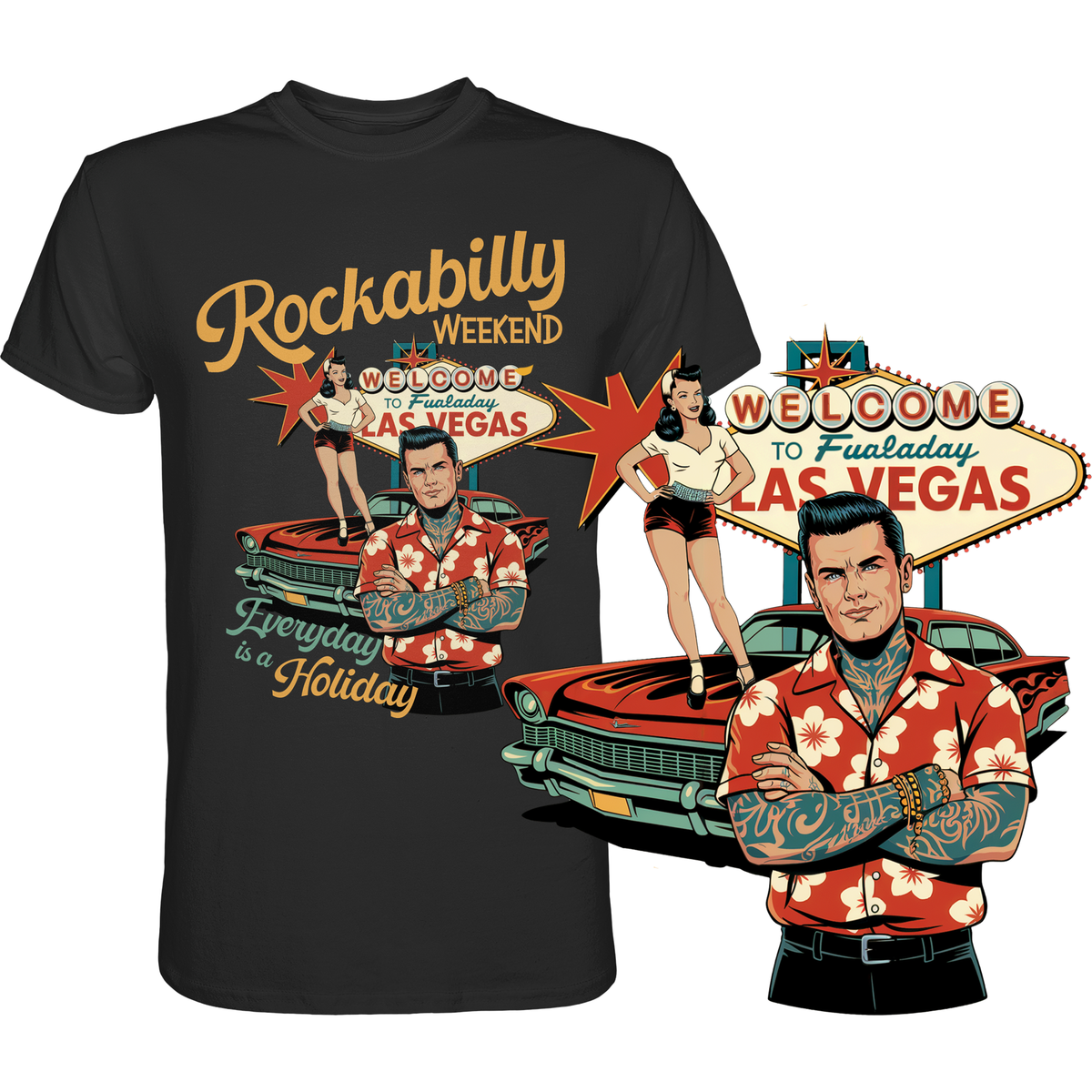 Shirt mit Rockabilly-Illustration und Vintage-Elementen, unten rechts vergrößert dargestellt