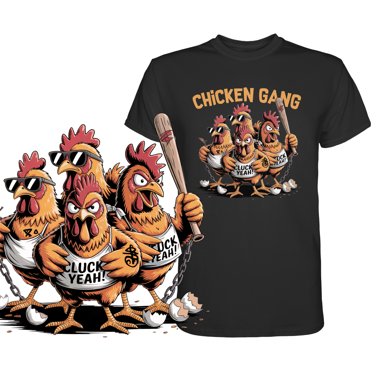 Schwarzes T-Shirt mit drei coolen Comic-Hühnern und dem Schriftzug „Chicken Gang“. Links im Bild eine vergrößerte Darstellung des Hühner-Motivs.