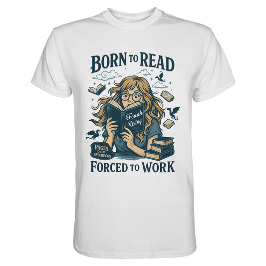 Weißes T-Shirt mit Retro-Schriftzug „Born to read, forced to work“ in buntem Stil