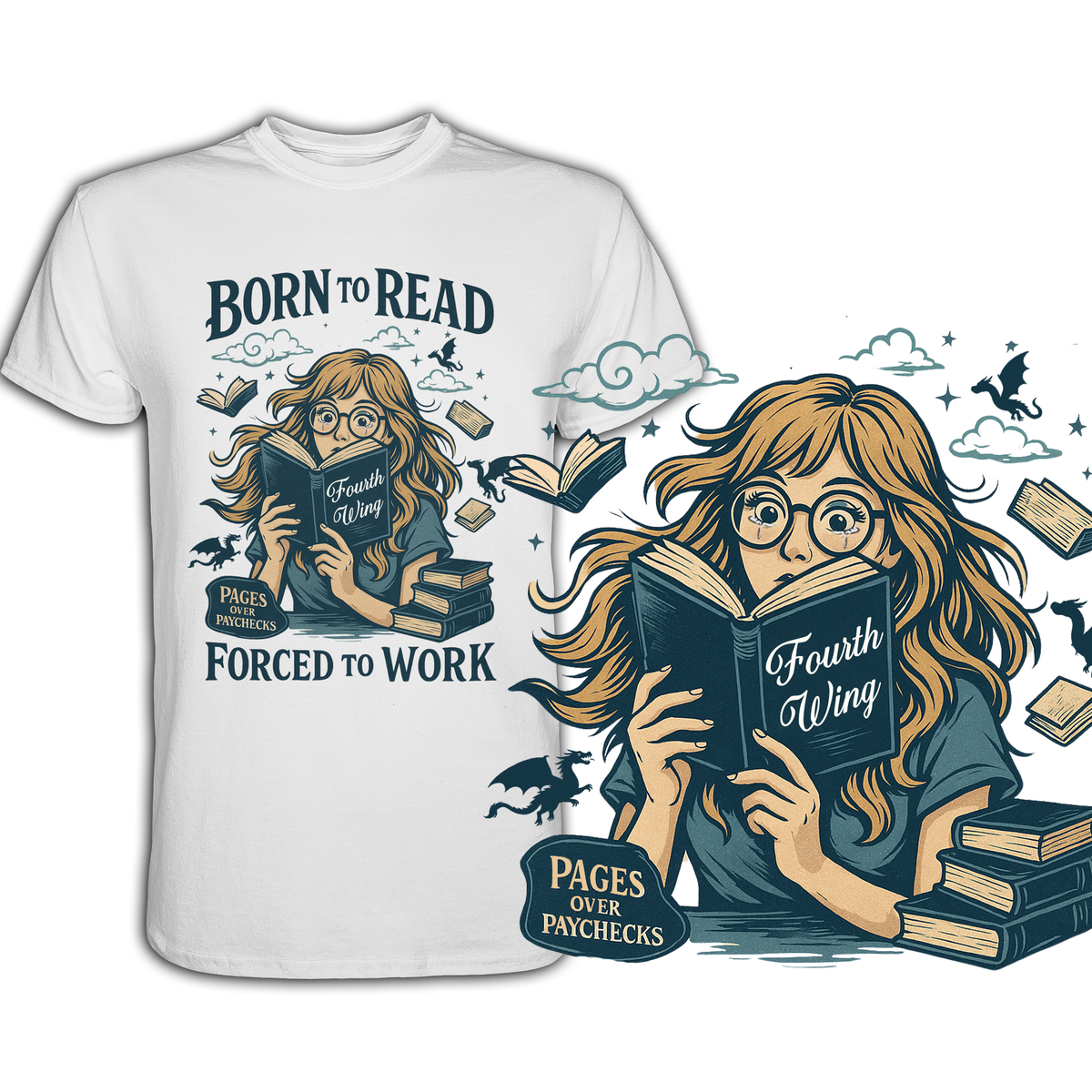 T-Shirt mit buntem Retro-Motiv „Born to read, forced to work“, unten rechts vergrößert dargestellt