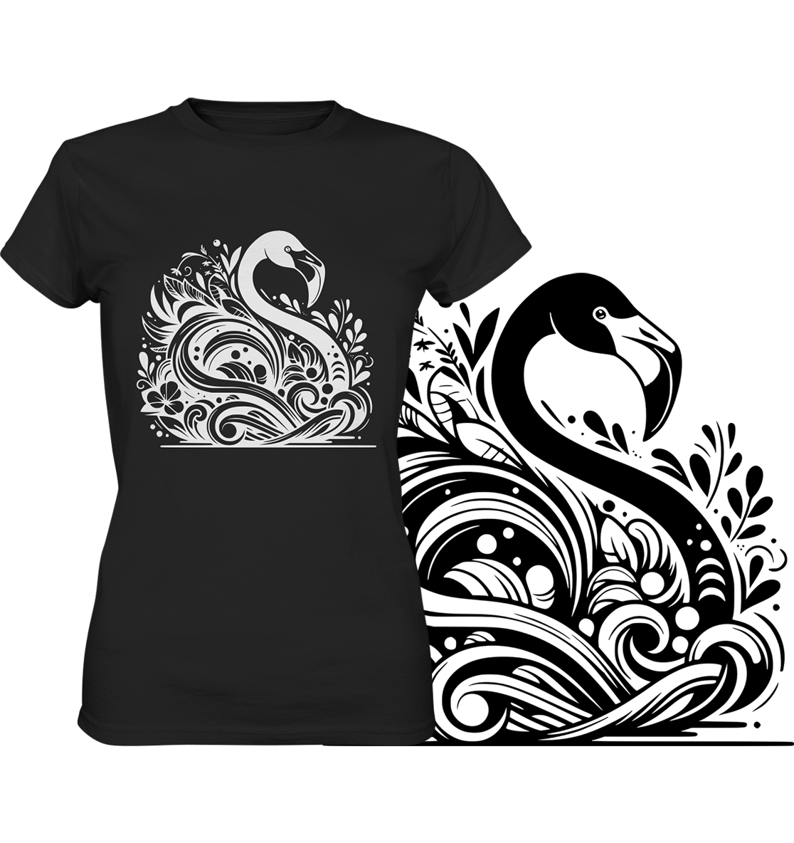 T-Shirt mit weißem Flower-Flamingo auf Schwarz, Motiv unten rechts vergrößert dargestellt