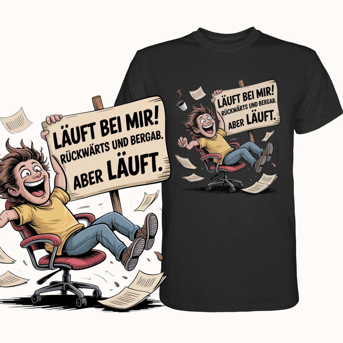 Schwarzes T-Shirt mit weißem Spruch „Läuft bei mir. Rückwärts und bergab. Aber läuft.“. Links im Bild eine vergrößerte Darstellung des Motivs.