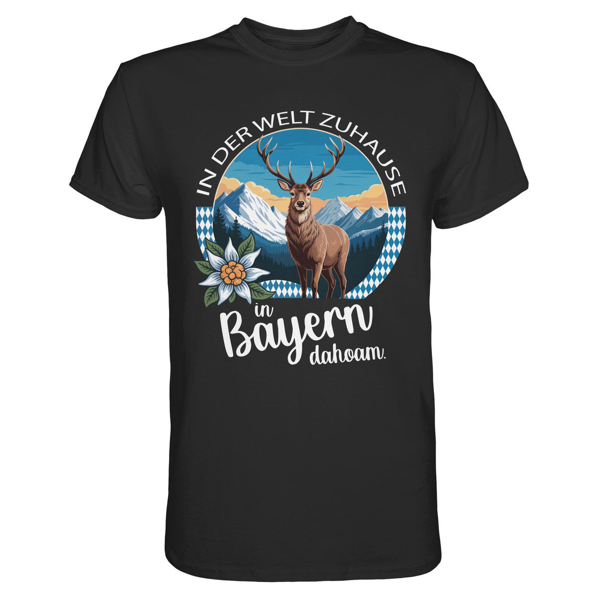 Schwarzes T-Shirt mit dem Spruch „In der Welt zuhause. In Bayern dahoam“ und Motiv mit Hirsch, Edelweiß und Bergen