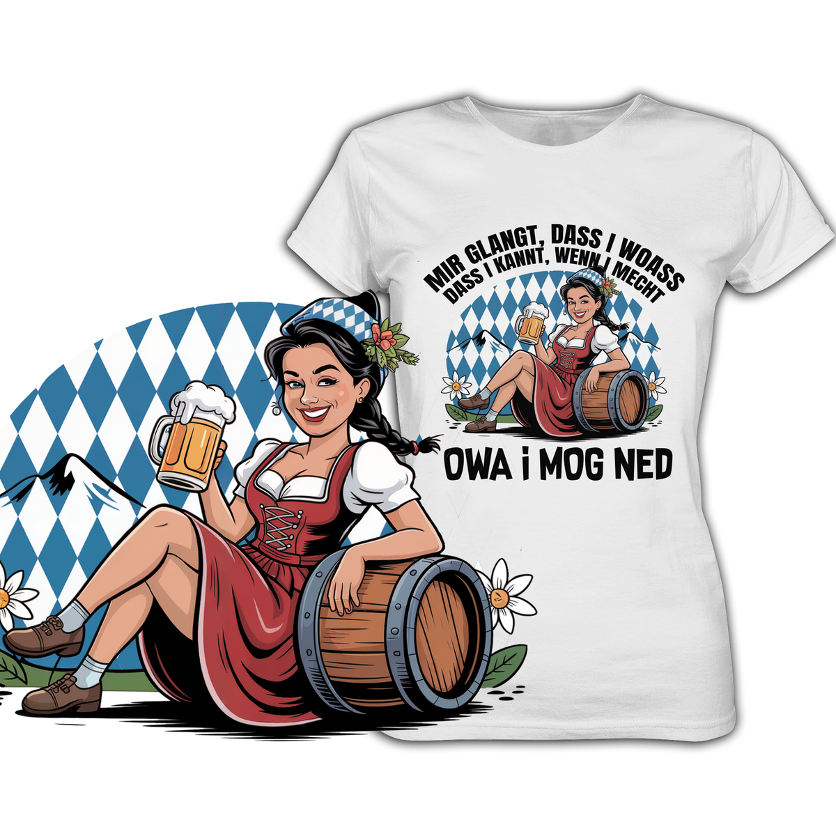 Weißes T-Shirt mit Madl-Motiv und Spruch „Owa i mog ned“ mit vergrößertem Motiv unten links