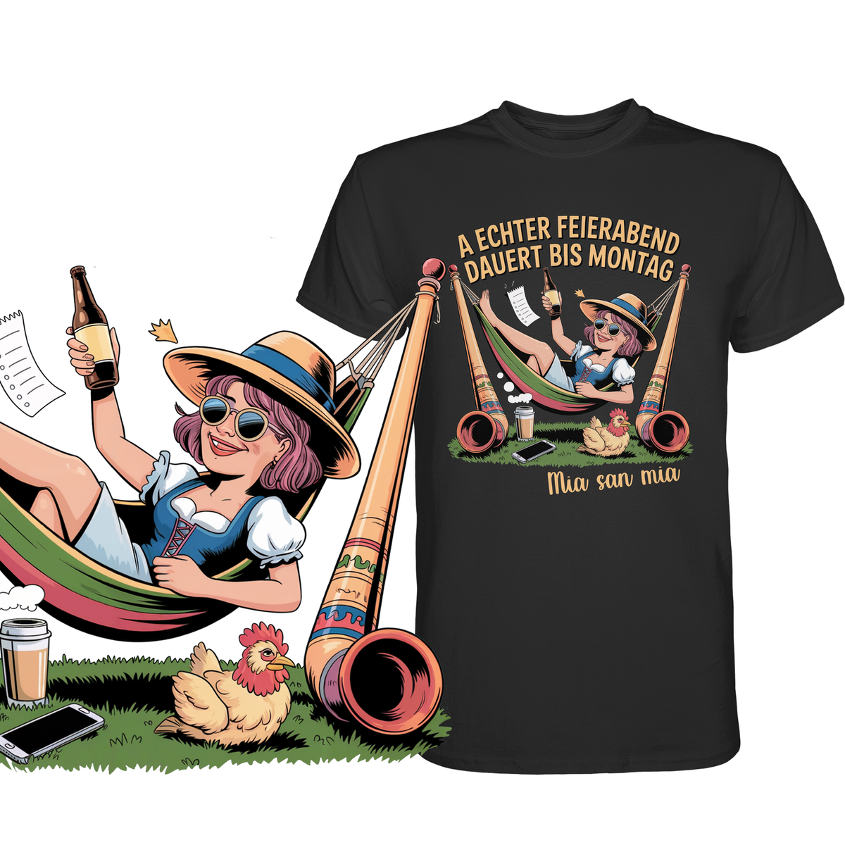 Schwarzes T-Shirt mit bayerischem Madl in Hängematte und Spruch „A echter Feierabend dauert bis Montag“ mit vergrößertem Motiv unten links