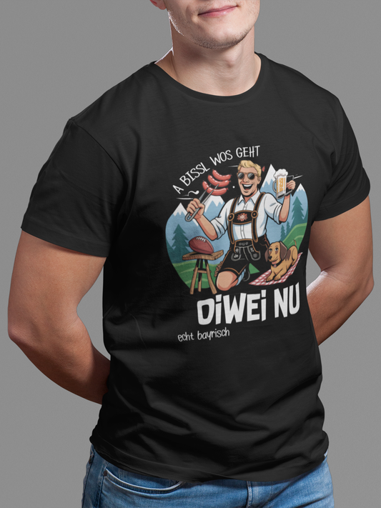 Mann trägt schwarzes T-Shirt mit Spruch „A bissl wos geht oiwei nu“ (Oberkörper)