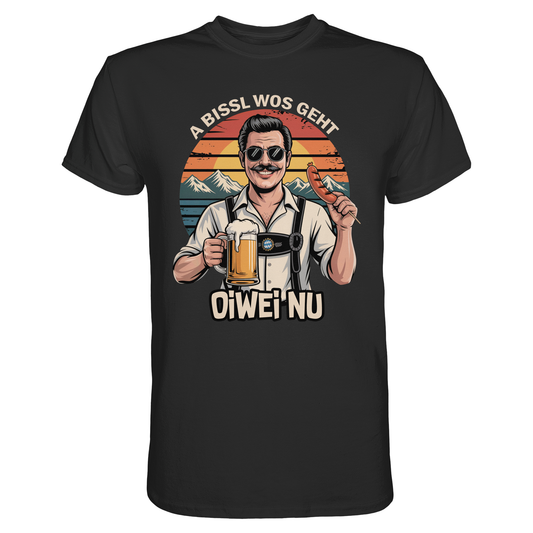 Schwarzes T-Shirt mit Spruch „A bissl wos geht oiwei nu“ und Retro-Motiv mit bayerischem Mann, Maß und Bratwurst
