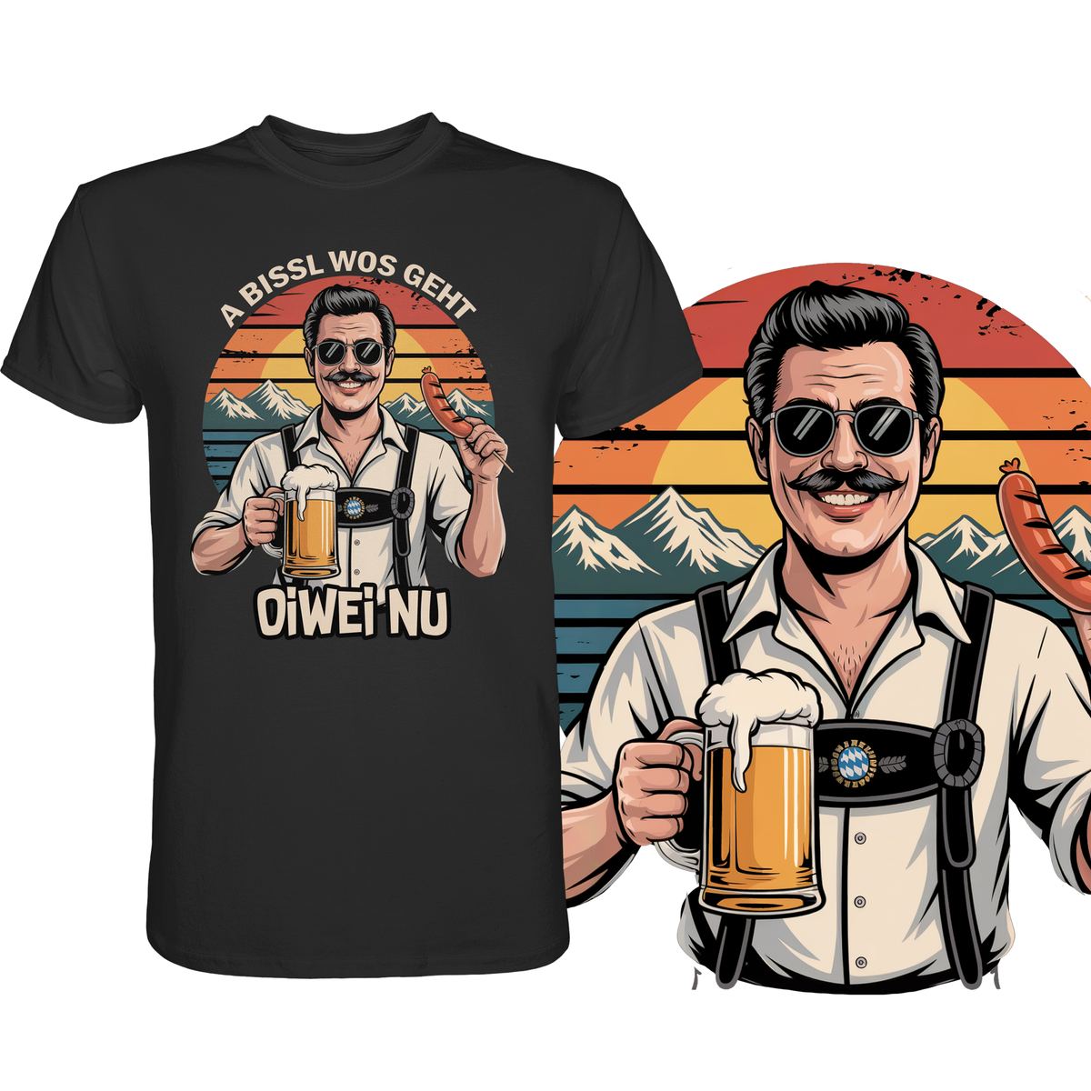 Schwarzes T-Shirt mit bayerischem Retro-Motiv und Spruch „A bissl wos geht oiwei nu“ mit vergrößertem Motiv unten rechts