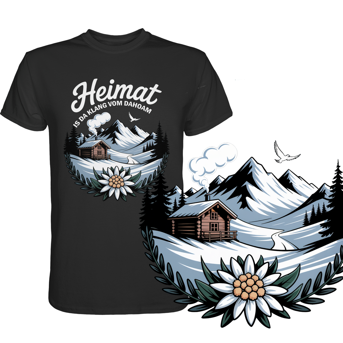 Schwarzes T-Shirt mit bayerischem Spruch „Heimat is da Klang vom Dahoam“ und vergrößertem Edelweiß-Bergmotiv unten rechts