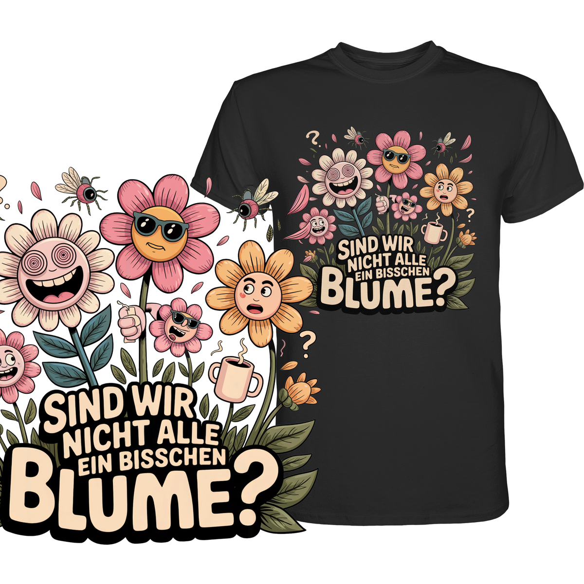 Schwarzes T-Shirt mit buntem Blumen-Motiv und dem Spruch „Sind wir nicht alle ein bisschen Blume?“, Motiv links vergrößert dargestellt