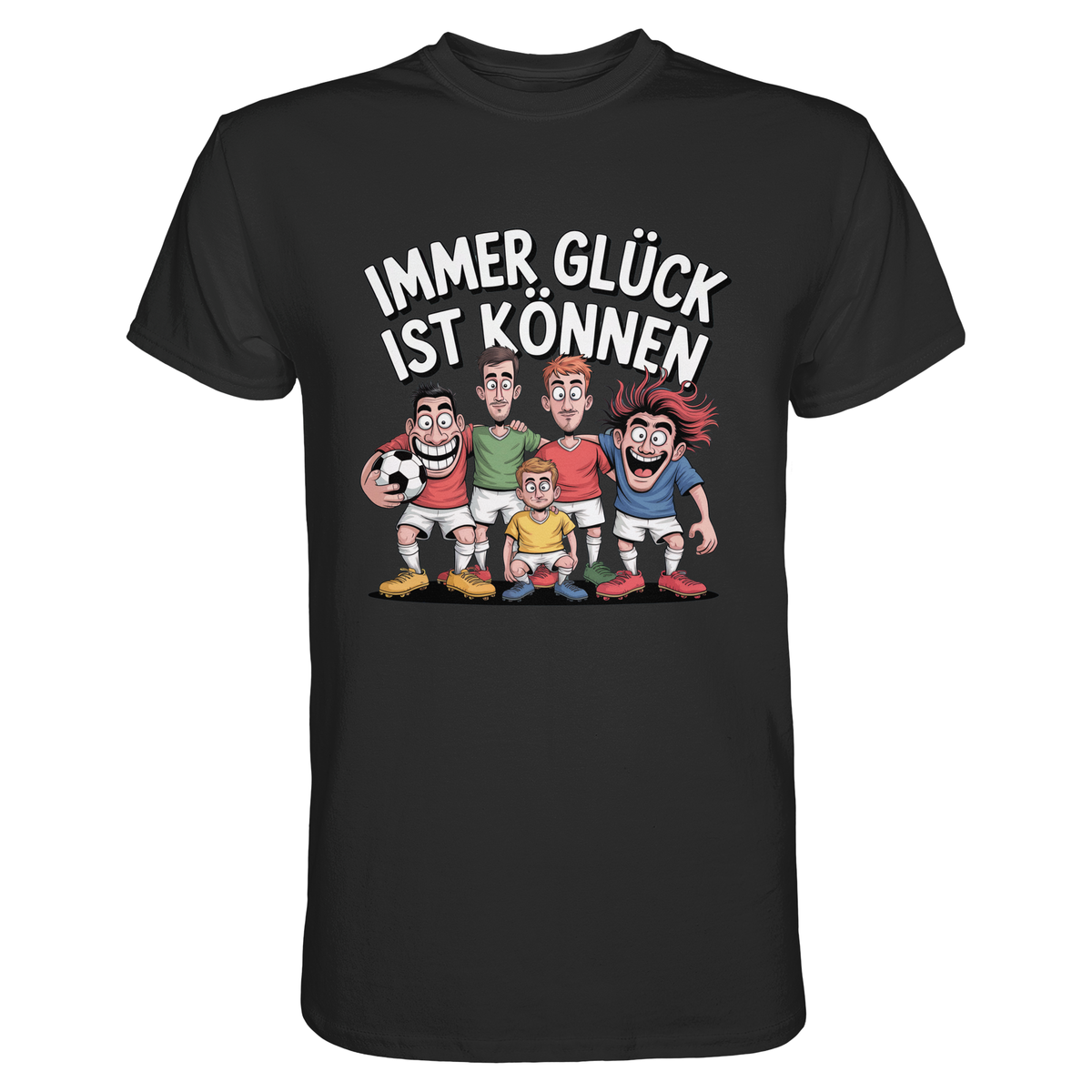 Schwarzes T-Shirt mit Spruch „Immer Glück ist Können“ und freakiger Fußballmannschaft