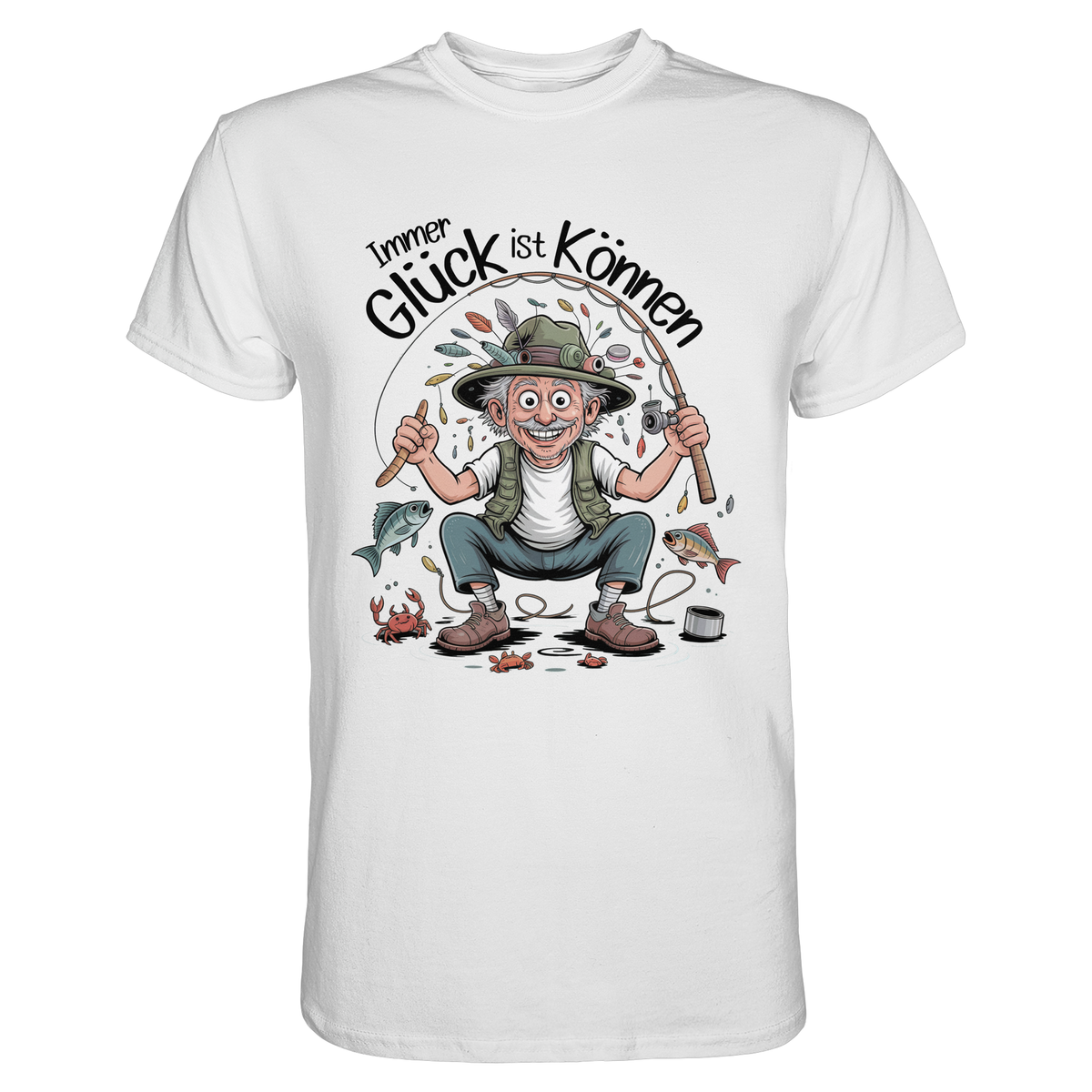 Weißes T-Shirt mit Spruch „Immer Glück ist Können“ und lustigem Anglermotiv