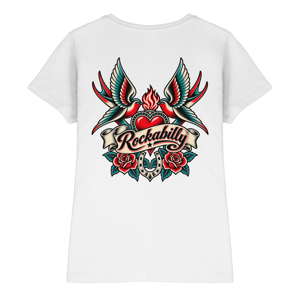 Rockabilly Swallow – Schwalben, beidseitig bedruckt Ladies T-Shirt weiß Rockabilly Lifestyle Ansicht