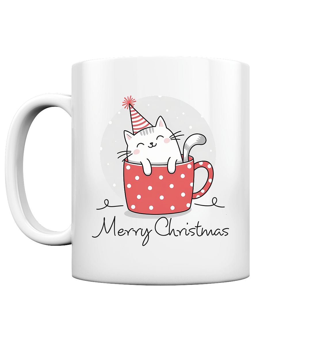 Tasse mit grinsender Katze, die in einer roten Tasse sitzt. Schriftzug "Merry Christmas"
