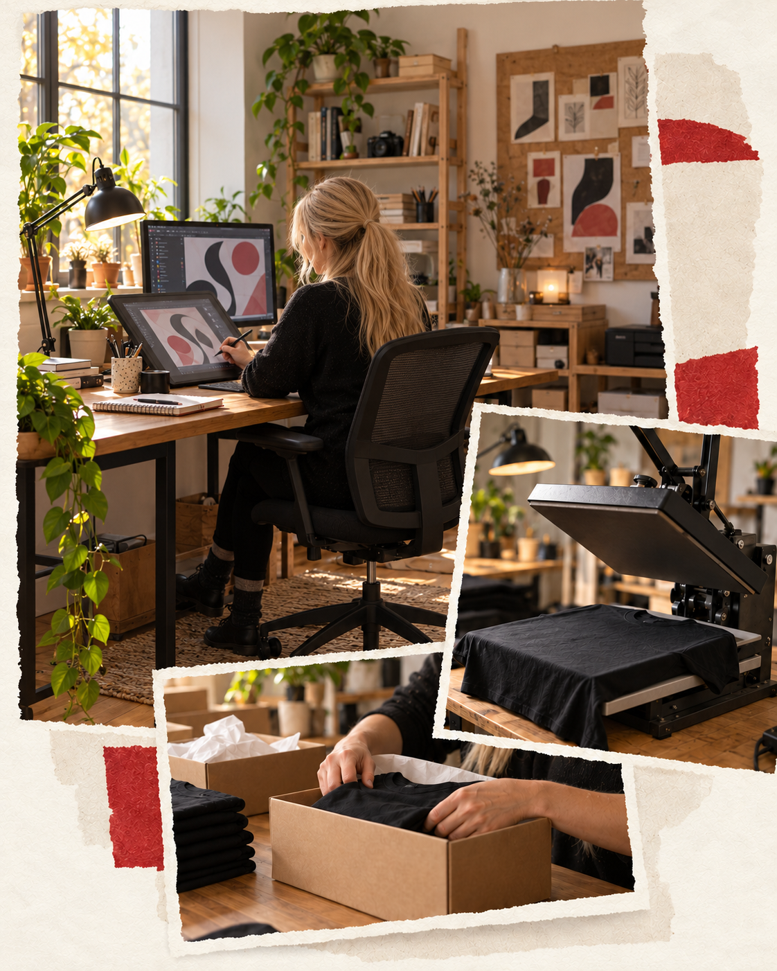 Designerin von hinten am Grafiktablet in einem kleinen Büro, ergänzt durch Transferpresse und Versand.