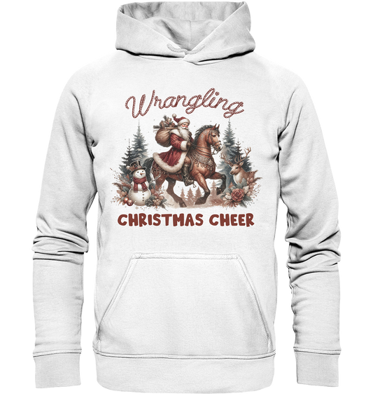 Weißer Hoodie mit Vintage-Motiv: Nikolaus reitet auf einem Pferd durch verschneiten Weihnachtswald