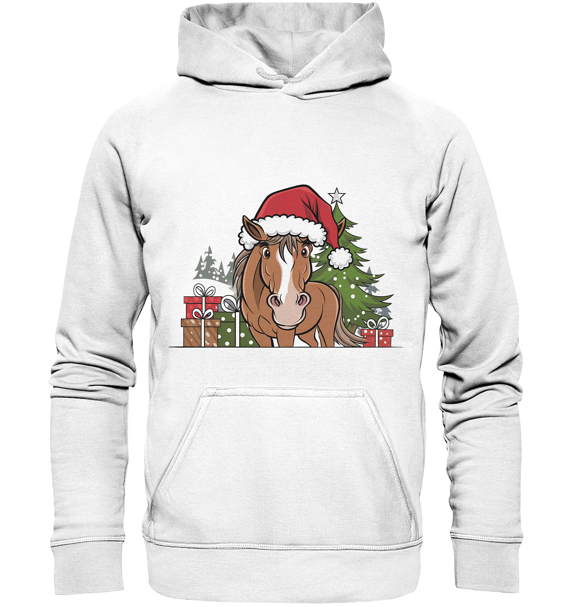 Weißer Hoodie mit Motiv: Pferd mit Nikolausmütze vor Weihnachtsbaum im Vintage-Stil