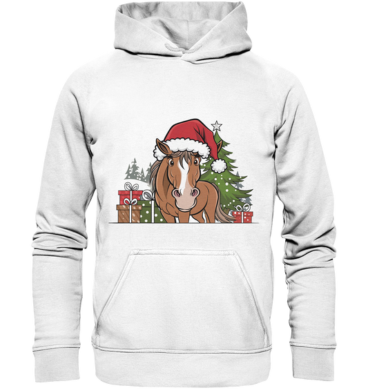 Weißer Hoodie mit Motiv: Pferd mit Nikolausmütze vor Weihnachtsbaum im Vintage-Stil
