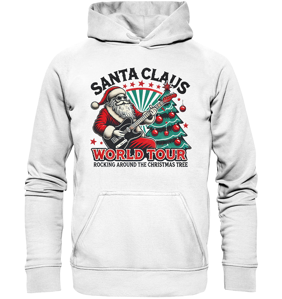 Weißer Hoodie mit Vintage-Motiv: Rockender Santa Claus mit Gitarre vor Weihnachtsbaum