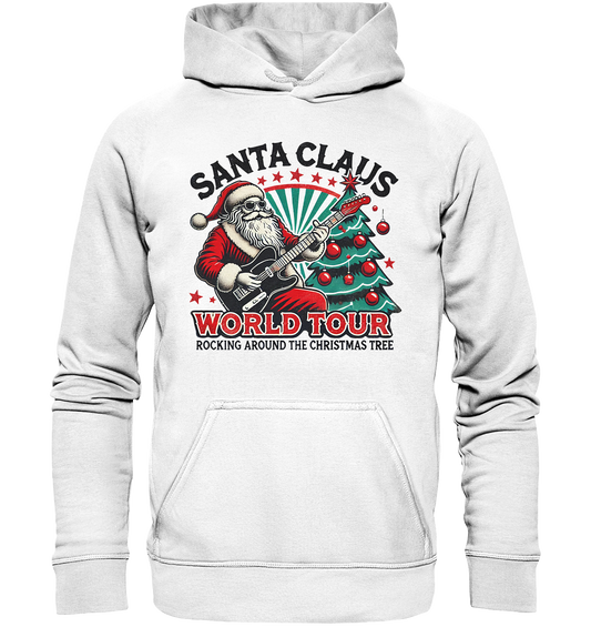 Weißer Hoodie mit Vintage-Motiv: Rockender Santa Claus mit Gitarre vor Weihnachtsbaum