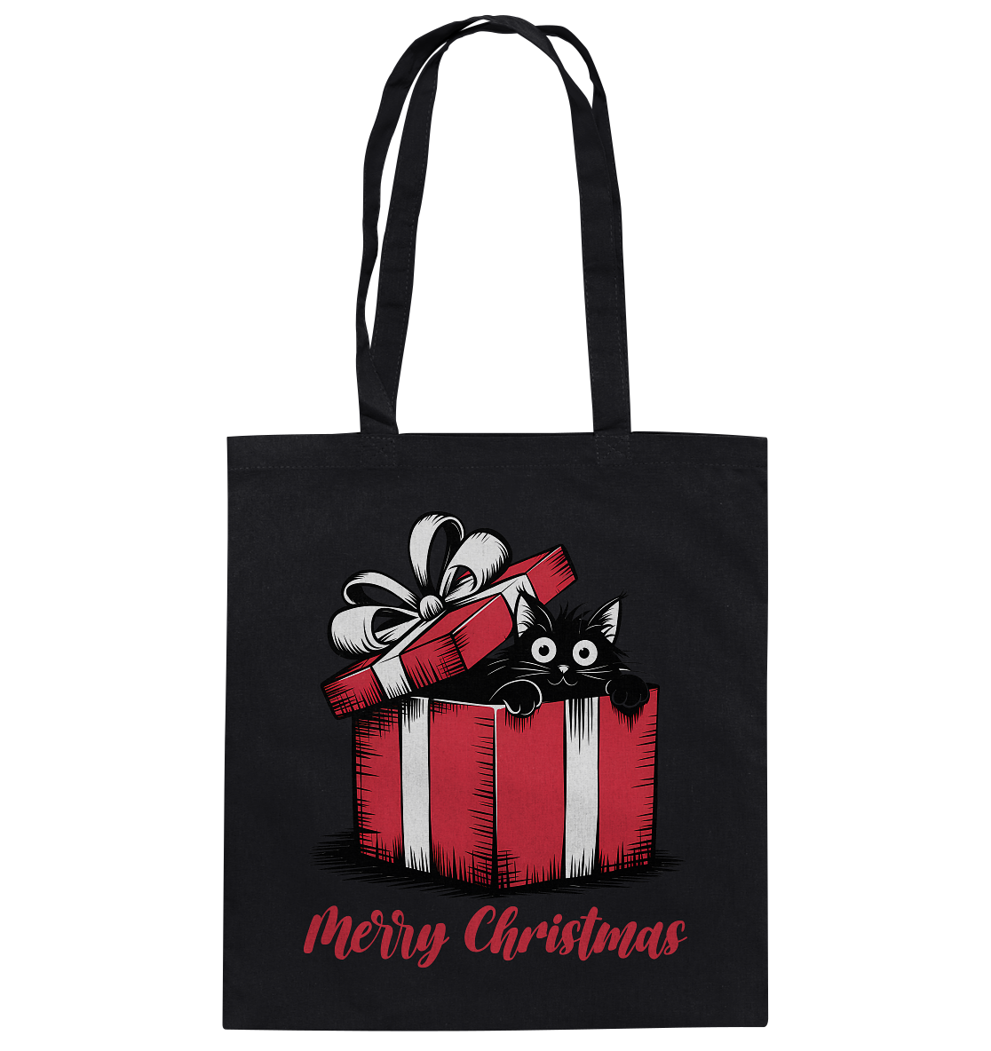 Schwarze Baumwolltasche mit Motiv: Schwarze Katze sitzt in Geschenkbox mit Schriftzug „Merry Christmas“