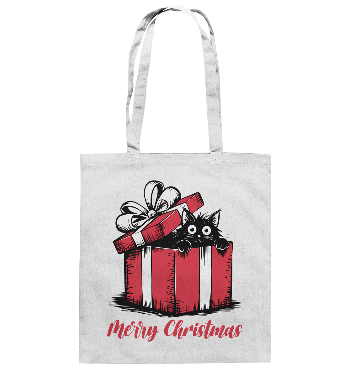 Weiße Baumwolltasche mit Motiv: Schwarze Katze sitzt in Geschenkbox mit Schriftzug „Merry Christmas“