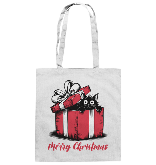 Weiße Baumwolltasche mit Motiv: Schwarze Katze sitzt in Geschenkbox mit Schriftzug „Merry Christmas“