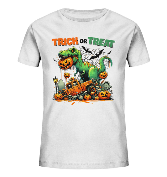 Bunter Dinosaurier im Halloween-Look mit Trick-or-Treat-Schrift als Motiv auf weißem Kinder-T-Shirt