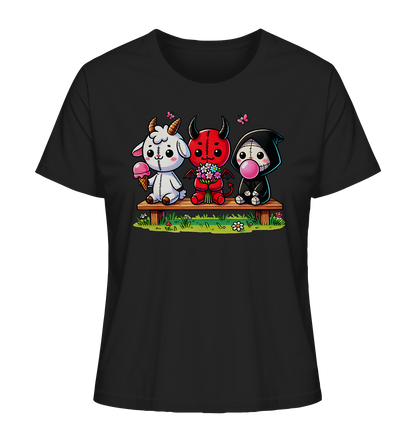 Schwarzes Ladies T-Shirt mit drei bunten Voodoo-Puppen im Creepy-Friends-Motiv