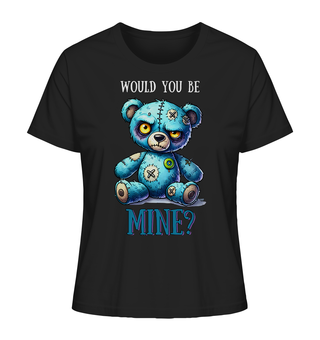 Gothic Voodoo-Teddybär mit Nadel im Herzen und Schriftzug „Would you be mine?“ auf weißem T-Shirt