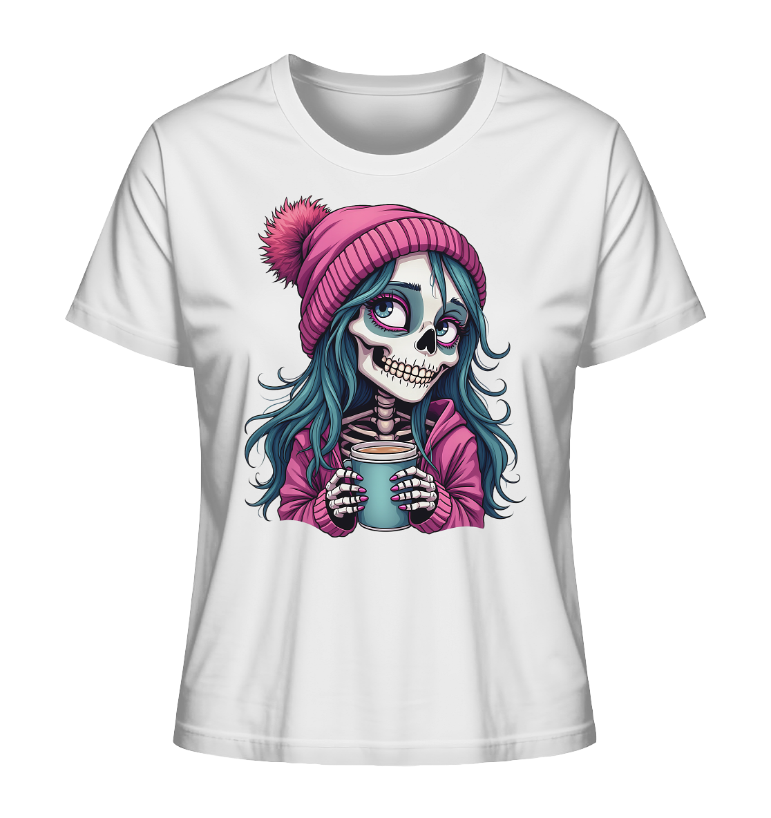Shirt in weiß mit farbigem Motiv eines Coffee Skeleton Girls mit Kaffeetasse und pinker Wintermütze