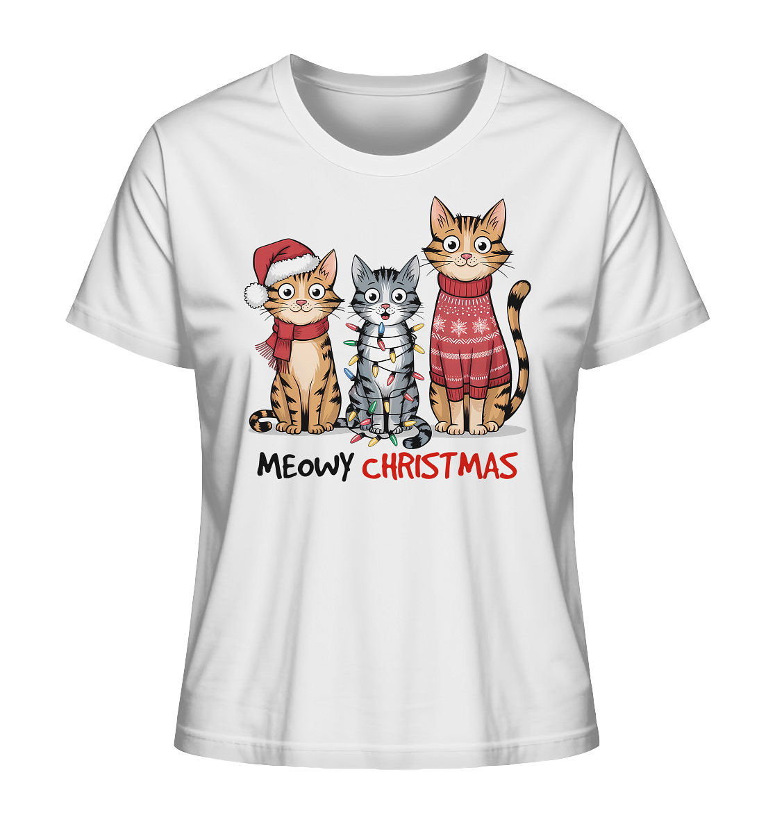 Weißes Shirt mit 3 Katzen und Schriftzug "Meowy Christmas"